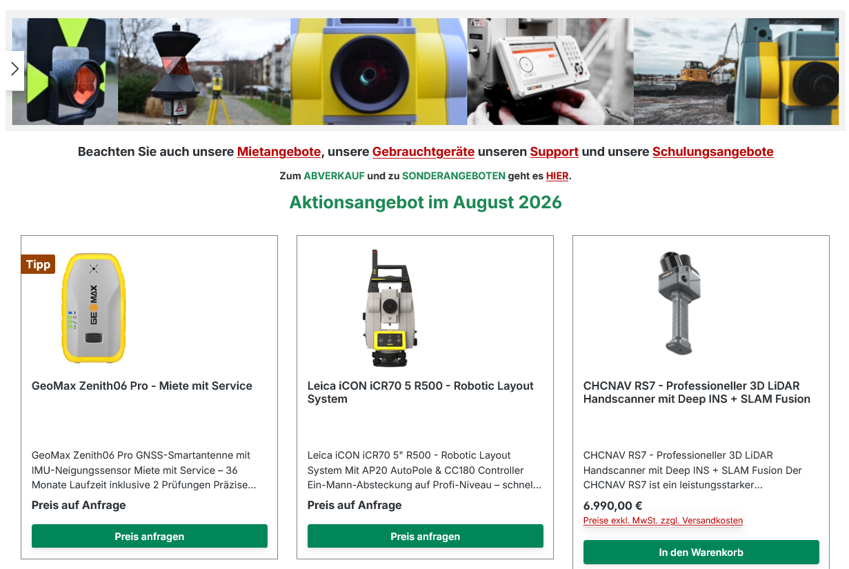 Bild von der Startseite Onlineshop der Aurich & Hallbauer GmbH mit Angeboten für August 2026