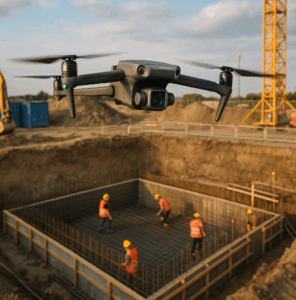 Bild einer Drohne, die über eine Baustelle fliegt
