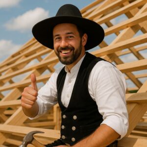 Ein Zimmermann, der auf einem Holzdach sitzt.