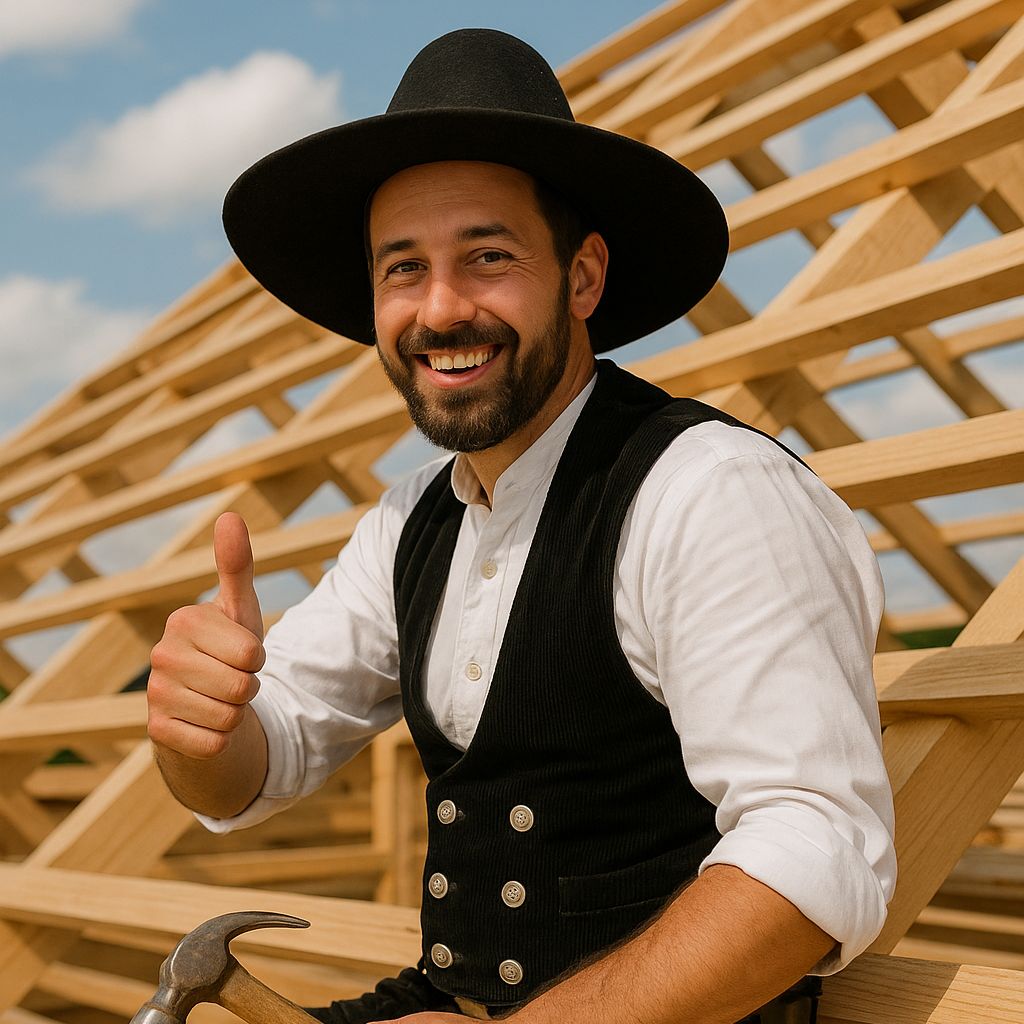 Ein Zimmermann, der auf einem Holzdach sitzt.