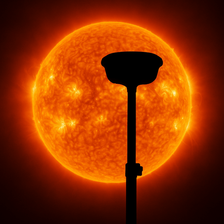 Bild der glühenden Sonne mit GNSS-Antenne im Vordergrund