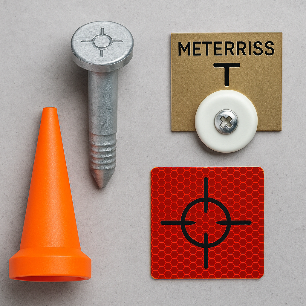 Vermarkungsmaterial zur Bauvermessung: Stahl-Vermarkungsbolzen mit Kreuzmarkierung, orange Kunststoff-Untervermarkungskegel, rote Reflexzielmarke mit Fadenkreuz, Meterriss-Marke auf goldfarbener Trägerplatte – angeordnet auf grauem Hintergrund.